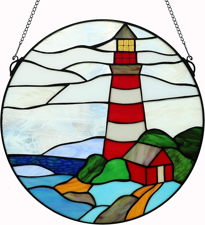 Yolic 16 Inch Round Stained Glass Window Hanging Pagoda and Lighthouse