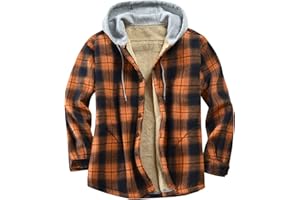 Derbars Men's Cotton Plaid Shirts Jacket Fleece Lined Flannel Shirts Sherpa Button Down Jackets with Hood for Men