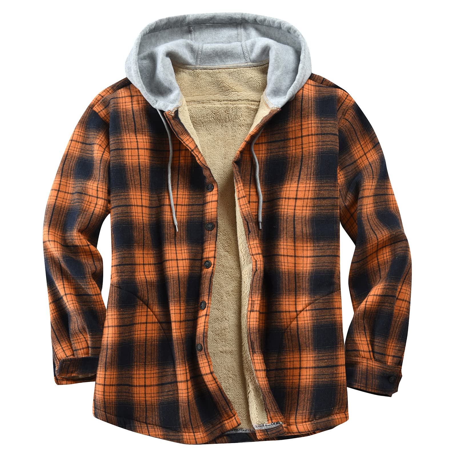 Derbars Men's Plaid Hooded Shirts Casual Long Sleeve Warm Button Down Outdoor Shirt Jackets Orange Small Image
