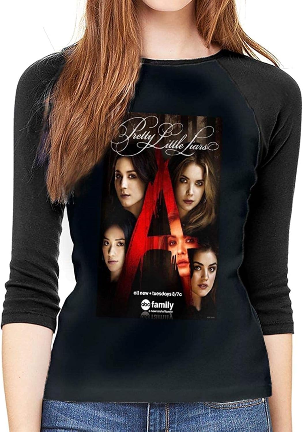 Pretty Little Liars Raglan T Shirts Front Print 3/4 Sleeved TShirts Tee for Women,Black,L