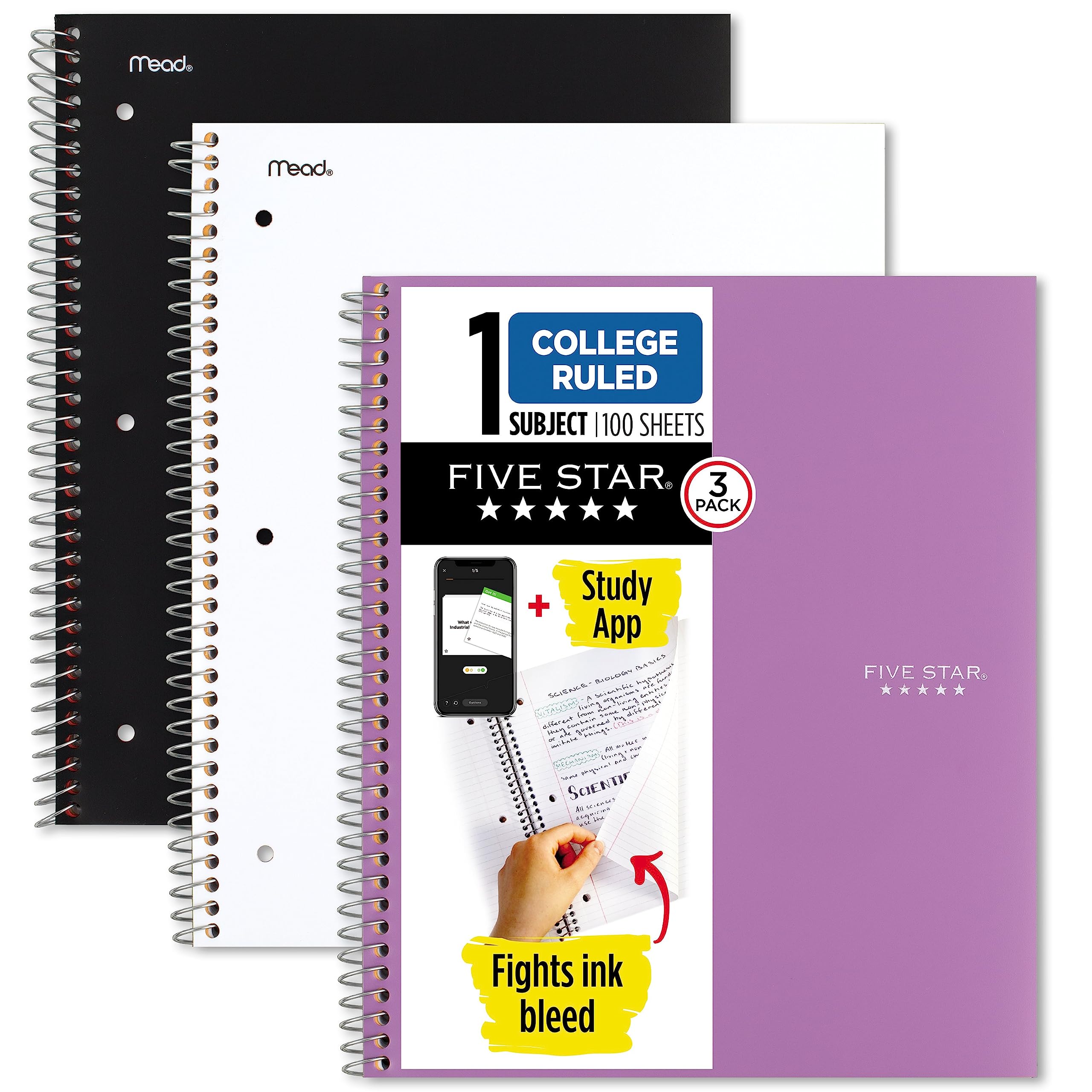 Five Star Spiral Notebooks + Study App, 3 Pack, 1-Subject, College Ruled Paper, 100 Sheets, 11" x 8-1/2", Black, White, Amethyst Purple (820188-ECM)