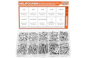 HELIFOUNER 250 Pieces #6-32 x 3/16" 1/4" 5/16" 3/8" 1/2" 5/8" 3/4" 1", Hex Socket Head Cap Screws Bolts Washers Nuts Kit, Coarse Thread, Fully Machine Threaded, 304 Stainless Steel