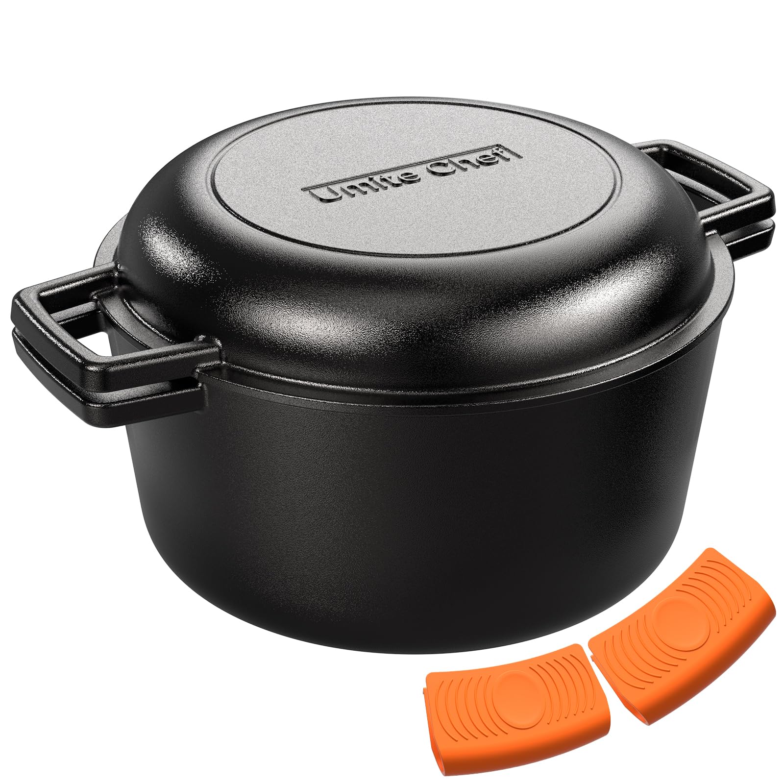 Photo 1 of 2-in-1 Pre-Seasoned Cast Iron Double Dutch Oven Pot with Skillet Lid & Silicone Sleeves – Raised Rib Skillet Lid– Umite Chef 7QT Cast Iron Skillet Cookware Pan Set wirh Dual Handles – Oven, Grill, Campfire & Stovetop Safe –PFAS-Free