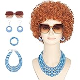 Yan Dream Women Short Curly Red Brown Wig and Glasses Blue Oversized Necklace Earrings Stacked Bracelets Party Halloween Wig