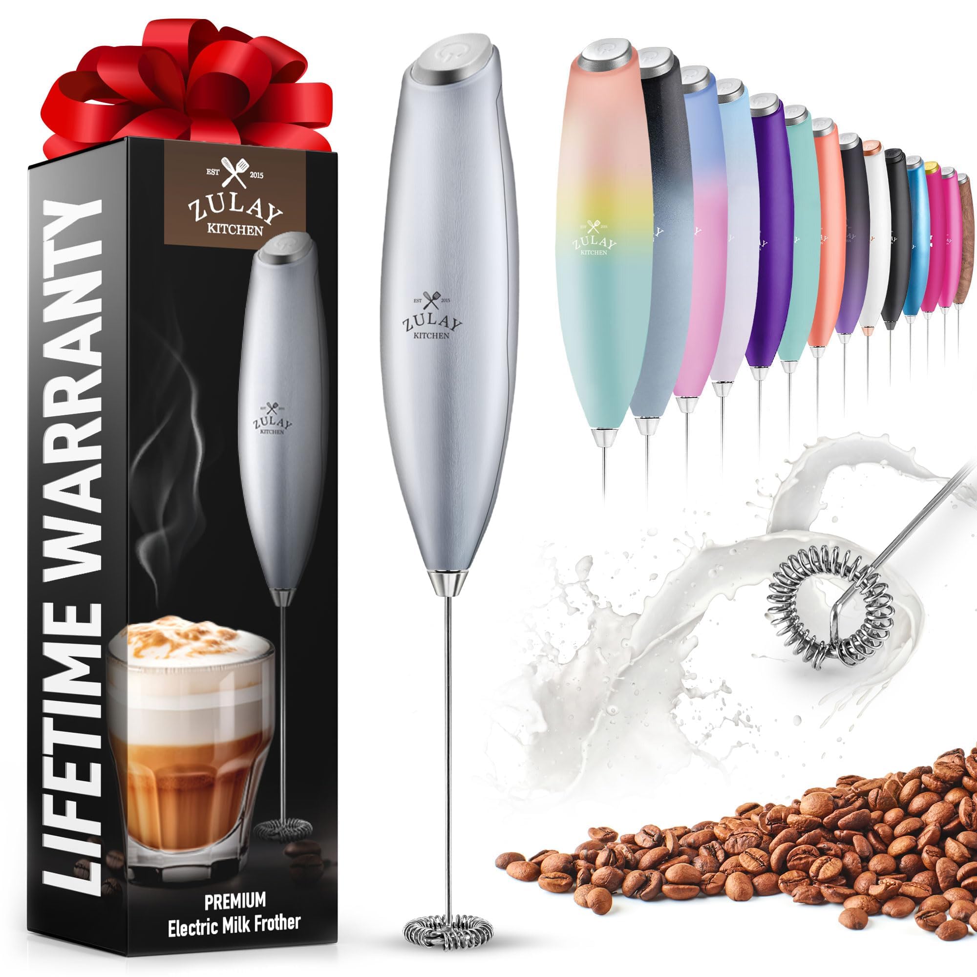Zulay Kitchen Milk Frother - Powerful Handheld Mini Hand Blender Coffee Mixer with Stainless Steel Milk Whisk - Cordless Mini Frother Great for Coffee, Protein Shakes, Powders and Matcha - Silver