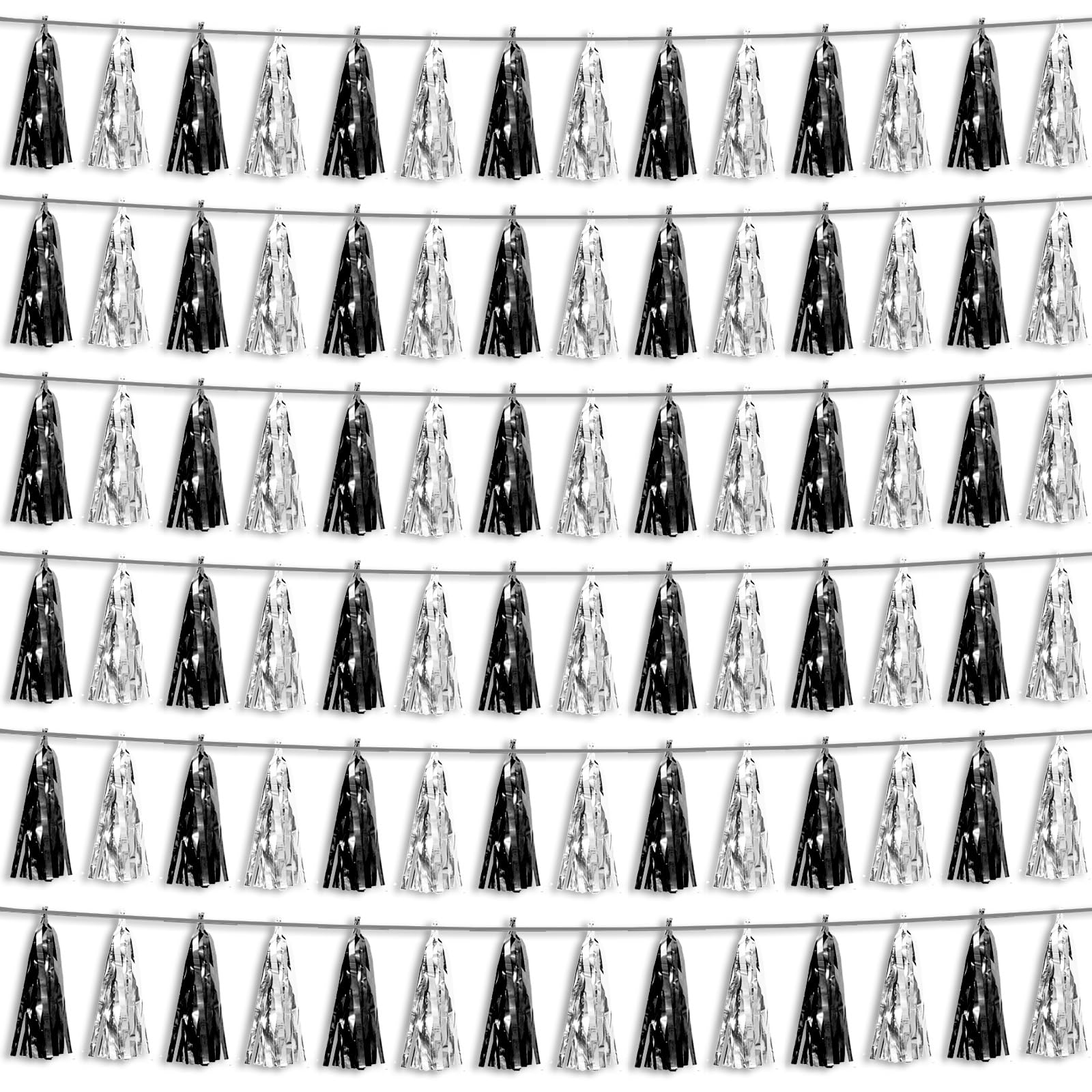 Photo 1 of 6P Black Silver Foil Fringe Metallic Tassel Streamers Banner Tassel Garland for Parade Floats, Graduation, Wedding, Birthday, Halloween, Christmas, Bridal/Baby Shower Party Decorations