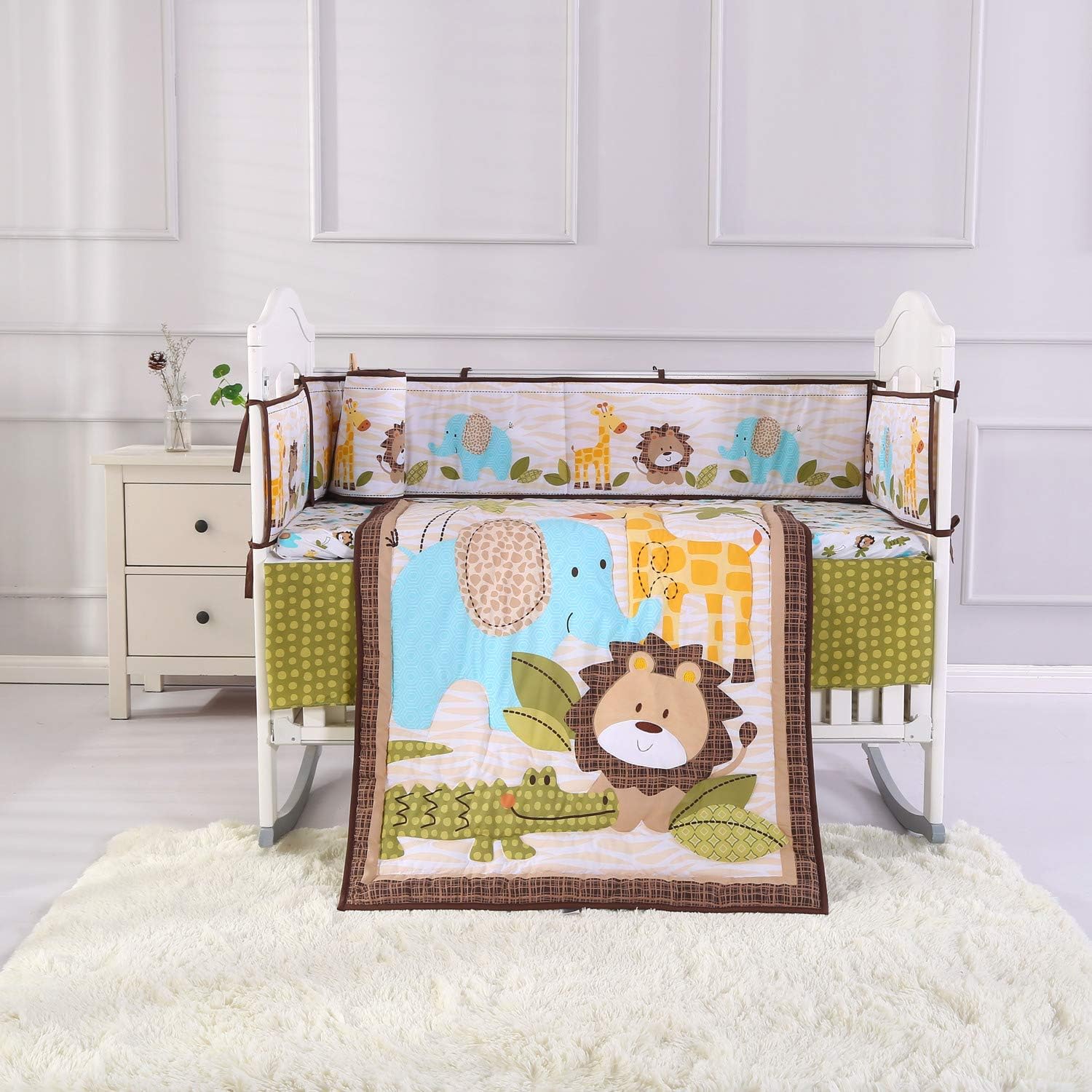 Wowelife Jungle Bedding Crib Set for Baby Lion Elephant Giraffe and Crocodile Baby Boy Crib Bedding Sets with Diaper Stacker(Brown-9 Piece)