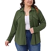 Agnes Orinda Plus Size Knit Shacket Jacket for Women Casual Long Sleeve Lapel Button Down Shirts Dressy Blouses Tops