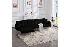 ERYE L-Shaped Futon Tufted Sofa&Couch Corner Sectional Sofa Convertible Sleeper Couch Bed with Reversible Chaise Lounge,Pillows,Movable Ottoman & Nailhead Decor for Living Room