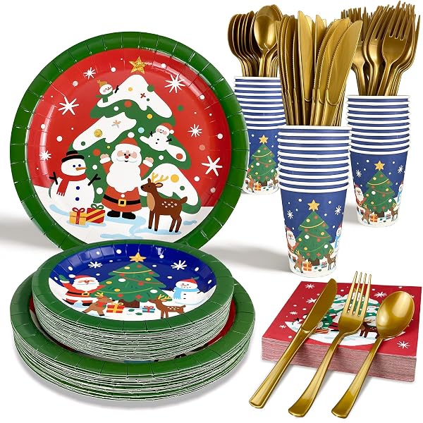 CHRISTMAS PAPER PLATES DISPOSABLE W/NAPKINS CUPS & CUTLERY,...