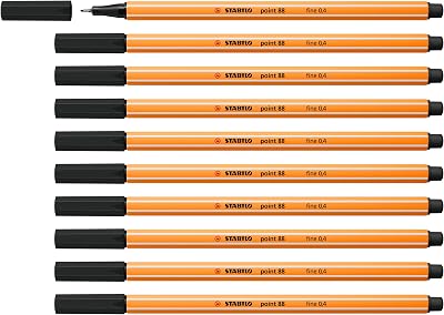 Stabilo point 88 Fineliner Pack of 10 Black 0.4 mm Metal Tip