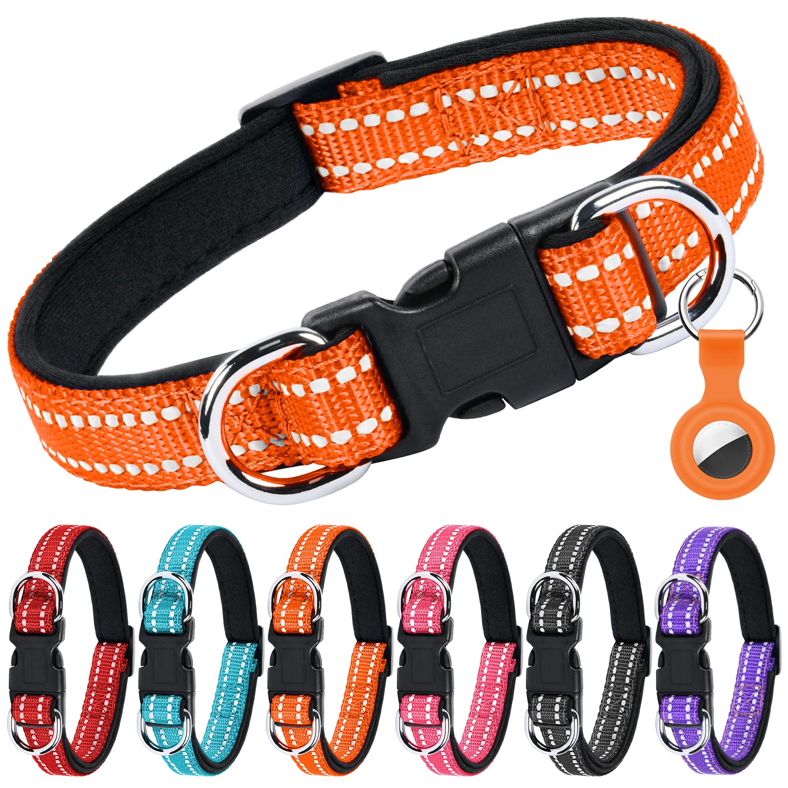 AUAUY Reflective Nylon Dog Collars, Double Security Adjustable Classic Pet Collars with Soft Neoprene Padding AirTag Case, Dual D-Ring Quick Release Buckle for Small Puppy, Medium Large Dogs(Orange-M)