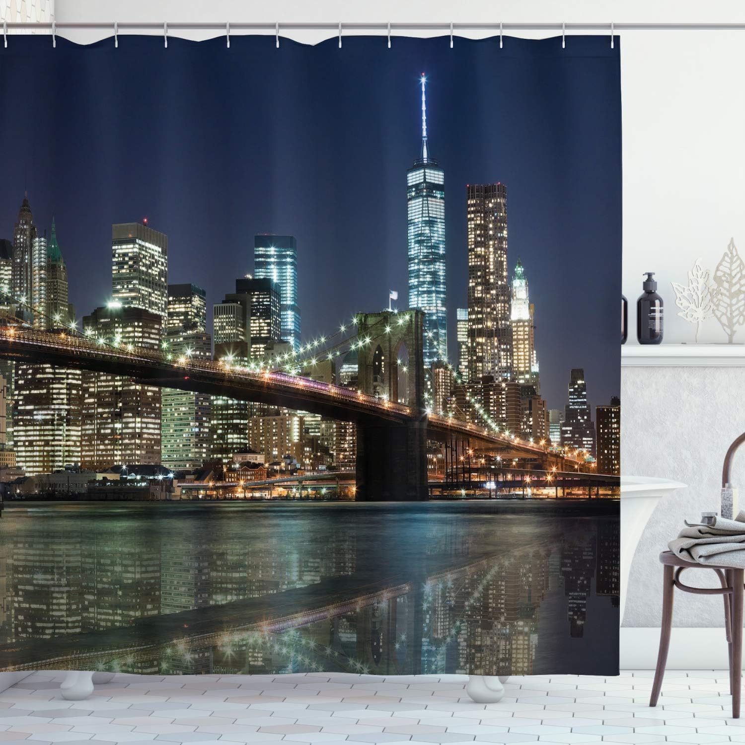 Amazon Com Ambesonne New York Shower Curtain Bath Decorations Nyc New York City Skyline Brooklyn Bridge Night View Panoramic Photography Bathroom Set Fabric Shower Curtain Navy Brown Yellow Home Kitchen