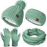 Womens Beanie Hat Infinity Scarf Touchscreen Gloves Fleece Headband 4 in 1 Winter Clothes Set Gifts for Women