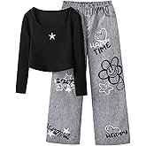 Ltvoo Girls 2 Piece Outfits Long Sleeve Square Neck Tees Tops and Denim Straight Leg Pants Jeans Clothes Set for 8-12Y