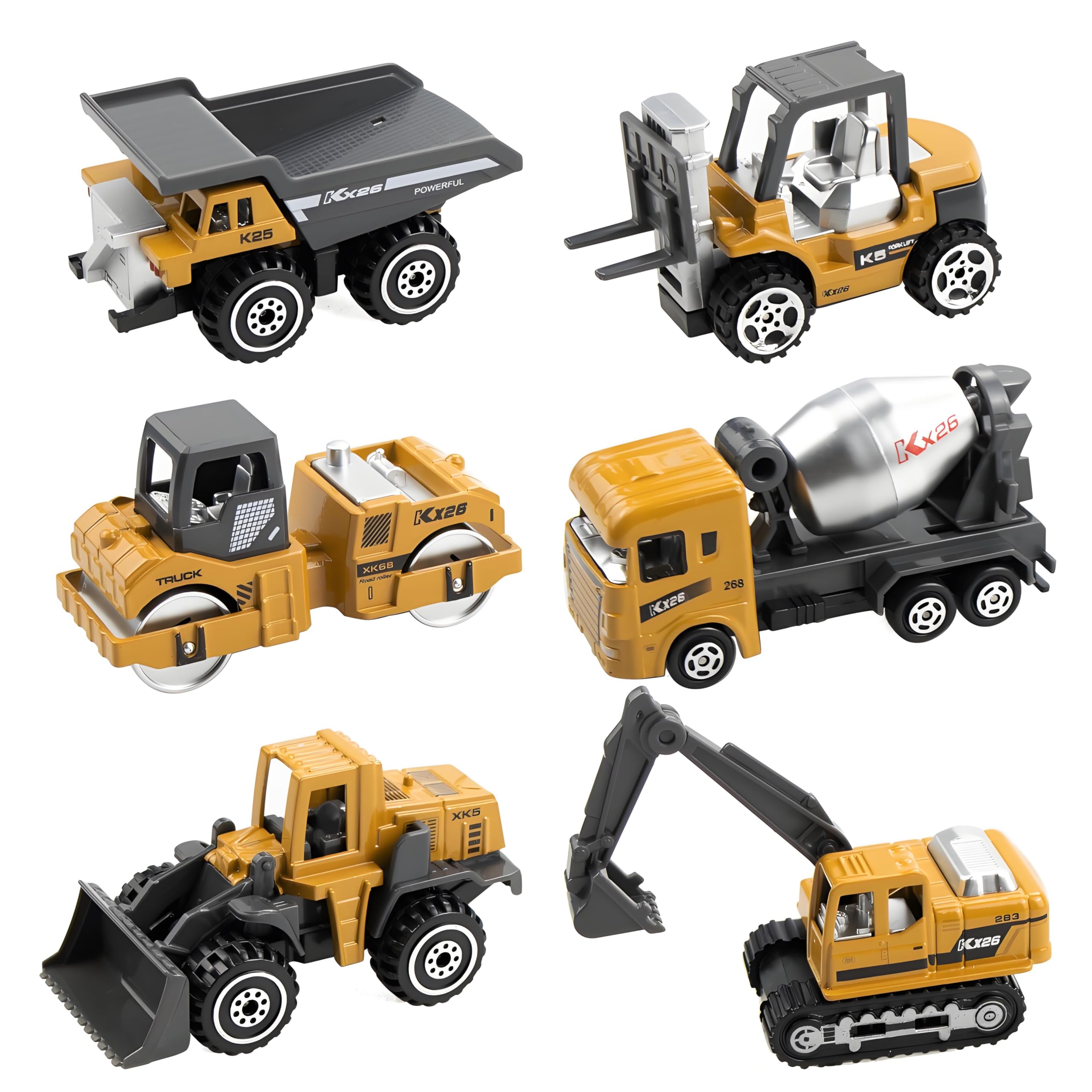 Photo 1 of BenRich 6Pcs Mini Die Cast 1/64 Scale Alloy Construction Vehicle Set - Dump Truck, Bulldozer, Forklift, Mixer Truck, Road Roller & Excavator Toys Car for Kids Boys Girls Birthday Gift (Yellow)