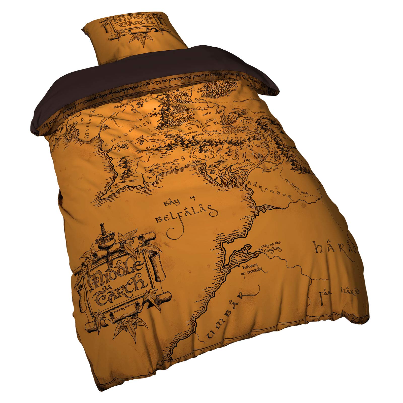 Elbenwald Lord of the rings bed linen set with medium-earth card motif for men women unisex 2 part pillow 80 x 80 cm and blanket 135 x 200 cm microfiber brown โ image 1