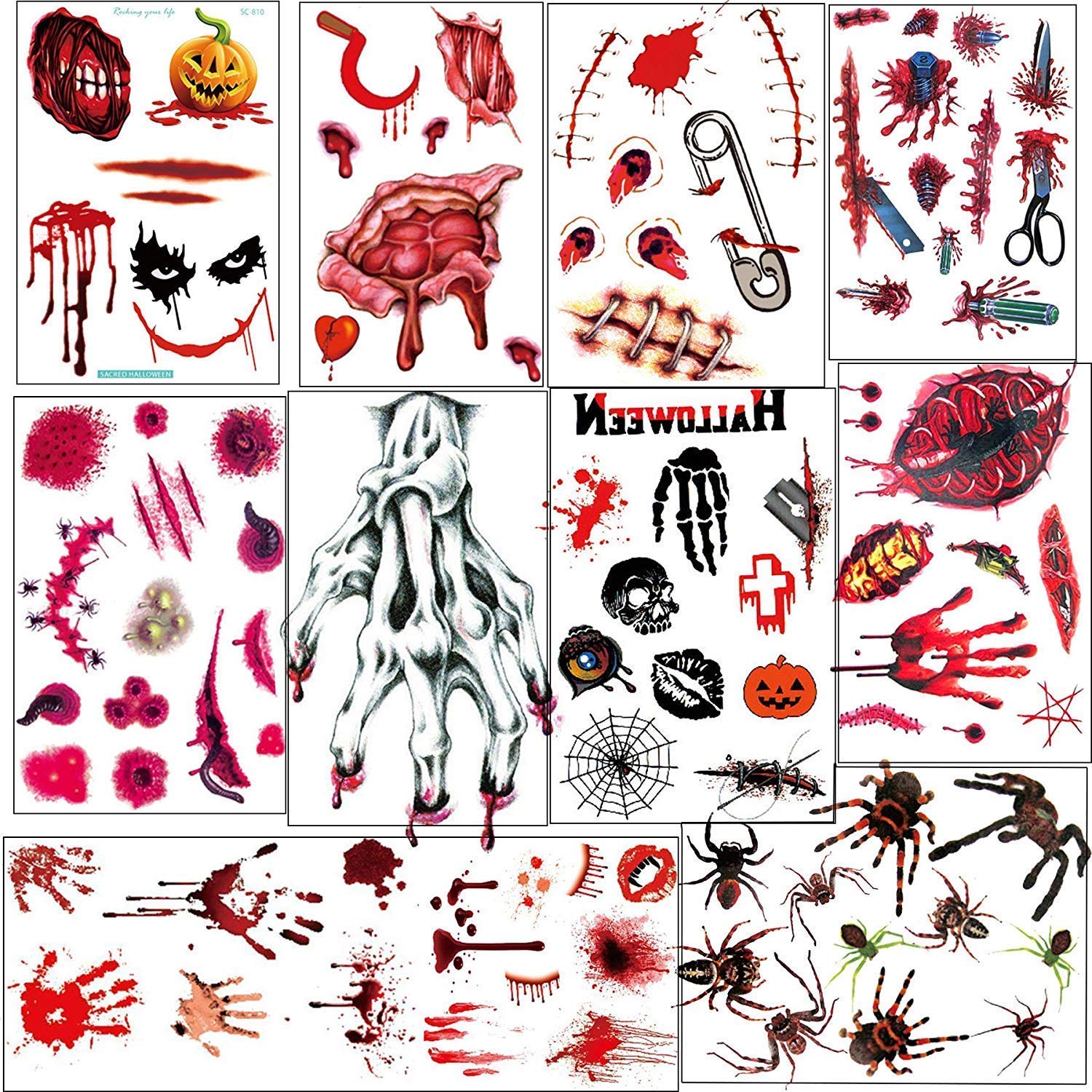 12pcs Halloween Temporary Tattoos Scar Fake Wound Blood Bleeding Spider Tattoo Stickers for Halloween Party Zombies CosPlay Costume