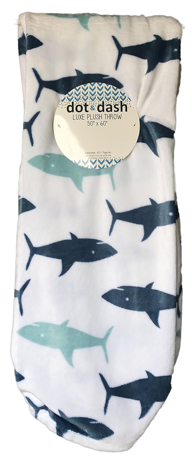 Dot and Dash Luxe White Plush Throw Blue Shark Theme 50" x 60"