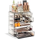 Sorbus Acrylic Makeup Organizer Set, 7-Drawer Vanity & Countertop Cosmetic Storage with Small & Wide Compartments, Black-Tint Makeup Storage for Brushes, Jewelry – Holiday Gift for Women & Teens
