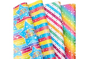 THMORT Birthday Wrapping Paper for Kids, Boys&Girls, Adults. Gift Wrapping Paper With Star, Rainbow stripe line Happy Birthday 4 Colorful Designs for Baby Shower, Holiday, Party Pack of 12 Sheets 20 X 29 Inch