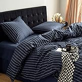 Wake In Cloud - Striped Cotton Duvet Cover Set, Ticking Stripe Vertical Pinstripe Farmhouse, 100% Washed Cotton Textured Percale Bedding Set, 3 Pieces, Navy Blue, Queen Size