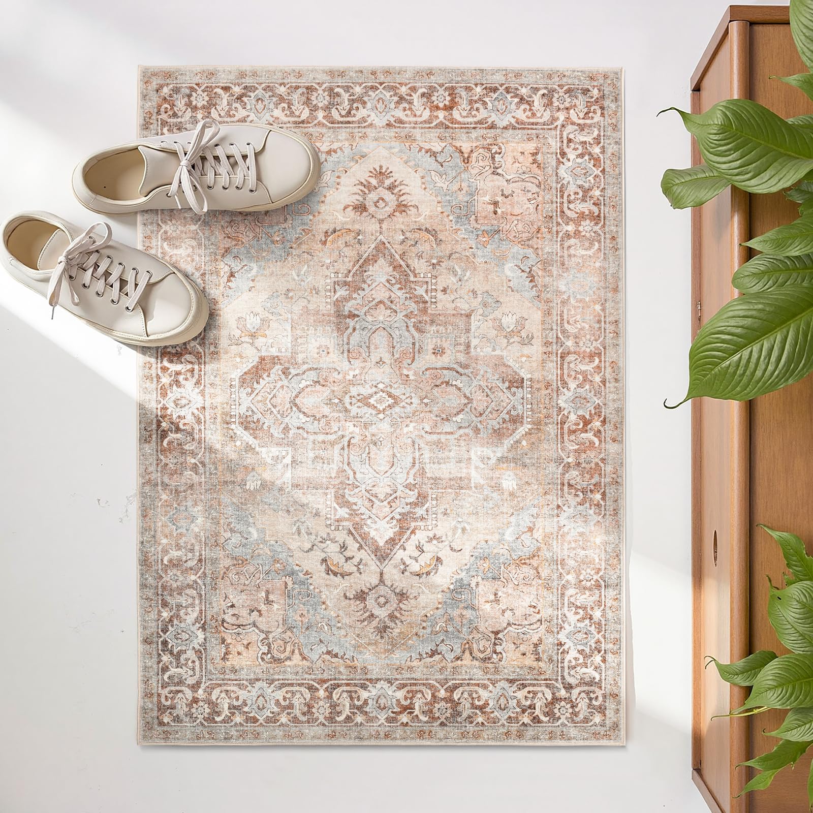 TOPICK Door mat Washable 60x90cm Brick Red Entryway Doormat Indoor Floral Print Small Rug Thin Lightweight Non Slip Carpet for Kitchen Bathroom