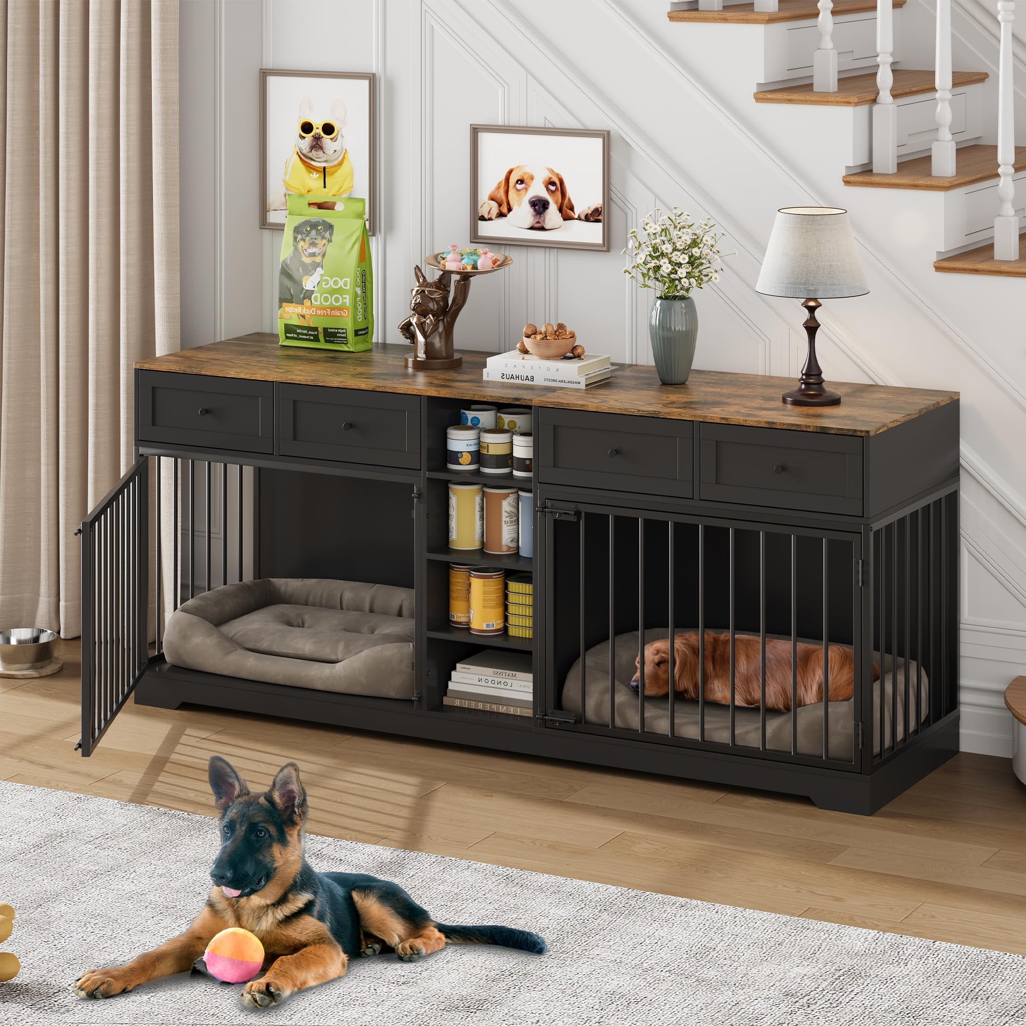 Photo 1 of ***MISSING HARDWARE*** IDEALHOUSE 82" Large Dog Crate for 2 Dogs, Dog Kennel Indoor with 4 Drawers and Shelves, Double Dog Crate Furniture TV Stand, Wooden Dog Cage for Medium Large Dogs, Black