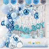 Baby Boy Shower Decorations, Baby Shower Decorations Boy Blue with Balloons Arch kit Oh Boy Welcome Baby Banner Tablecloth Paper Pompons Cake Topper Fringe curtains for Baby Shower