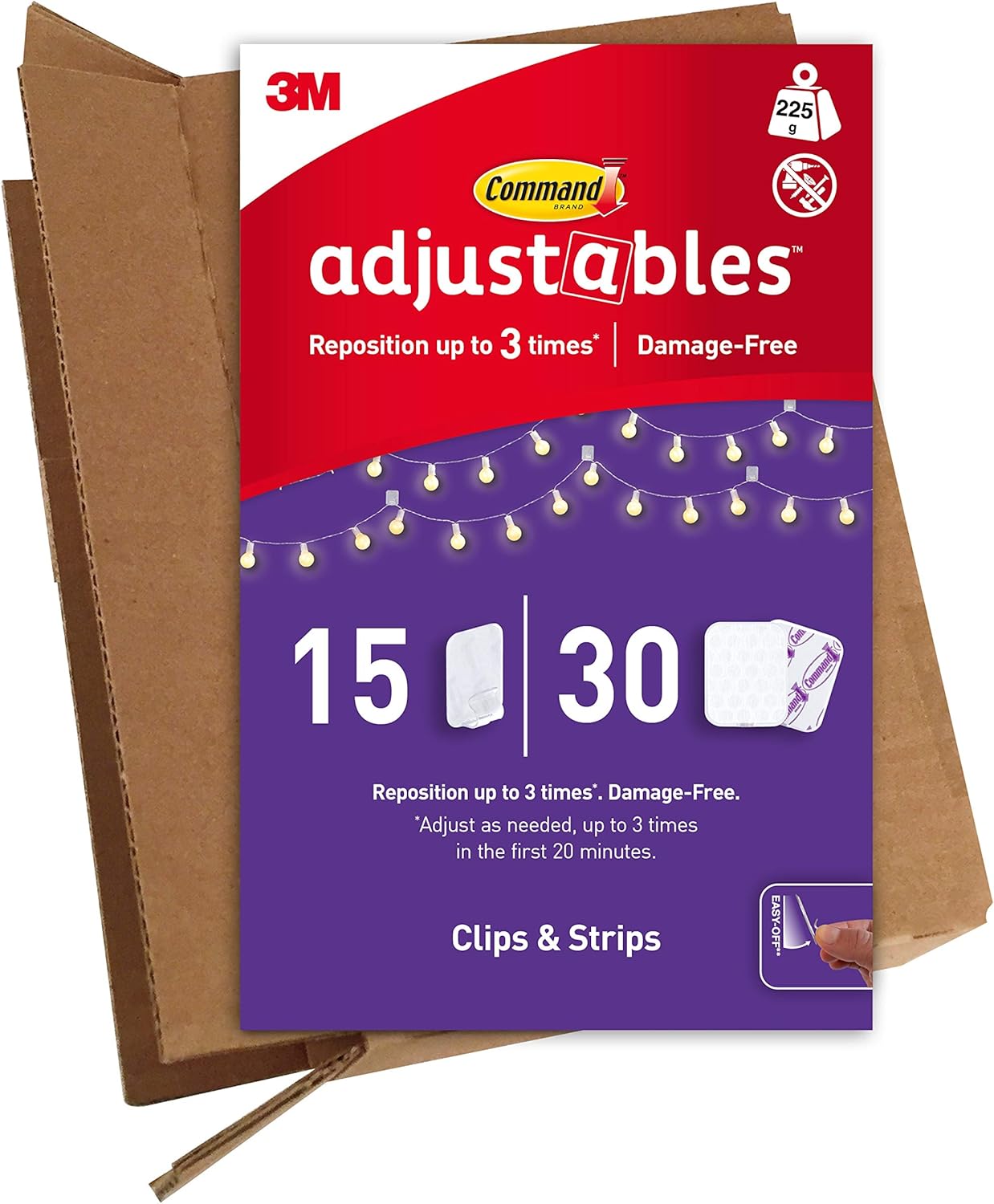 Command Adjustables Repositionable Clips, Pack of 15 Clips and 30 Strips, Transparent