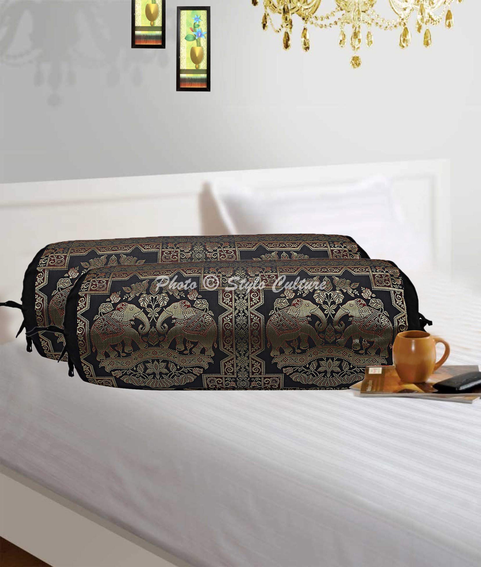 Stylo Culture Ethnic Polydupion Cylindrical Tube Body Bolster Pillow Covers Gold Black Round Brocade Large Couch Round Cylinder Cushion Covers (Set of 2) | 30x15 Inches (76x38 cm)