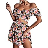 LYANER Women's 2 Piece Outfits Floral Off Shoulder Tie Up Crop Top and Mini Skirt Set