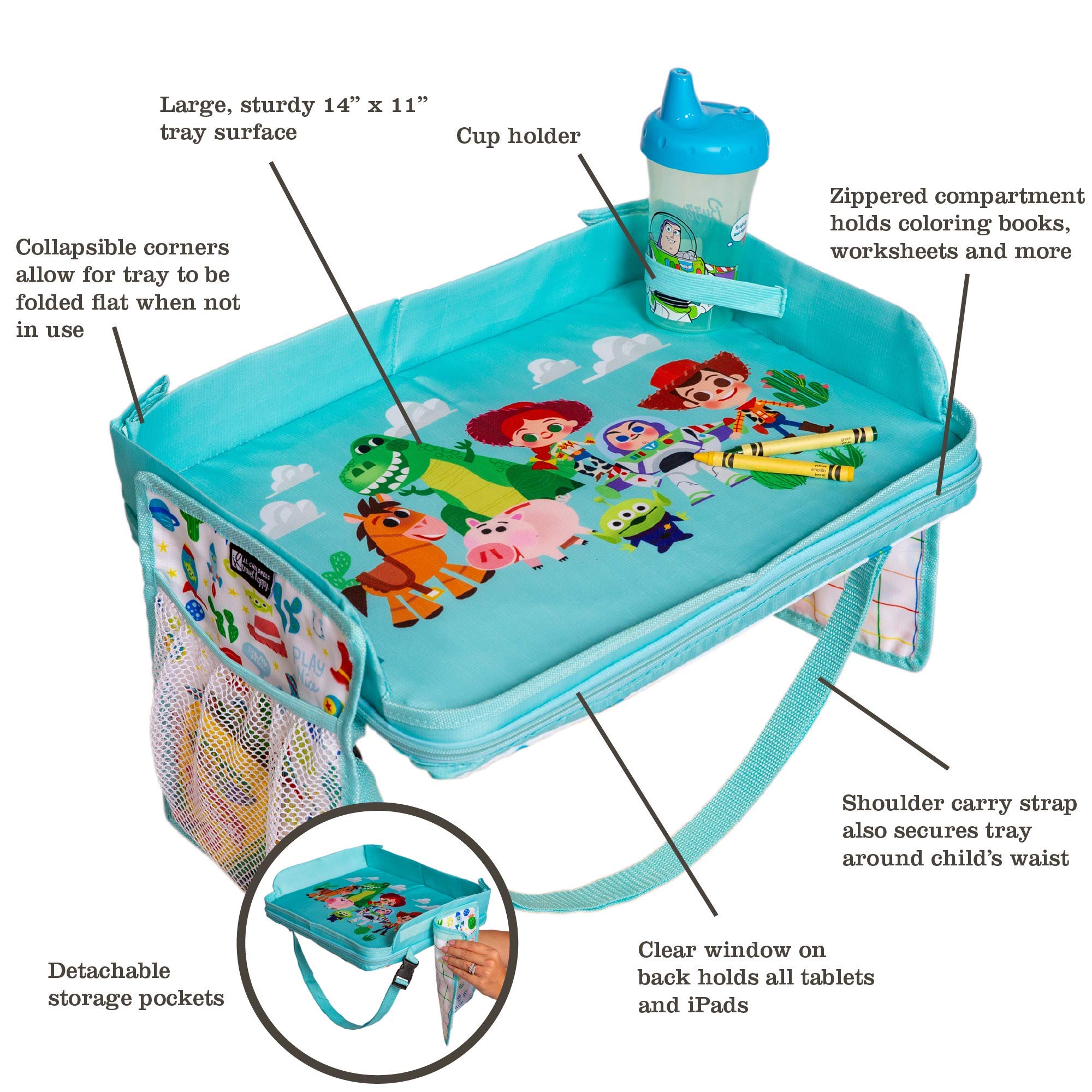 J.L. Childress Disney Baby 3-IN-1 Kids Travel Tray & Tablet Holder - Car Seat Lap Tray Desk for Toddlers, Road Trip Essentials, Car Seat Activity Table, Travel Accessories - Toy Story