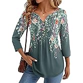 Zeagoo Womens 3/4 Length Sleeve Tops V Neck Dressy Casual T Shirts Pleated Business Work Blouses Basic Tees S-3XL