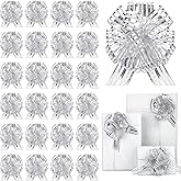 24pcs Silver Pull Bow for Gift Wrapping Basket Xmas Gift Bows Presents Metallic Wrap Organza Ribbon Bow for Christmas Tree Wine Bottles Bouquet Flower Valentine's Day Party Decor