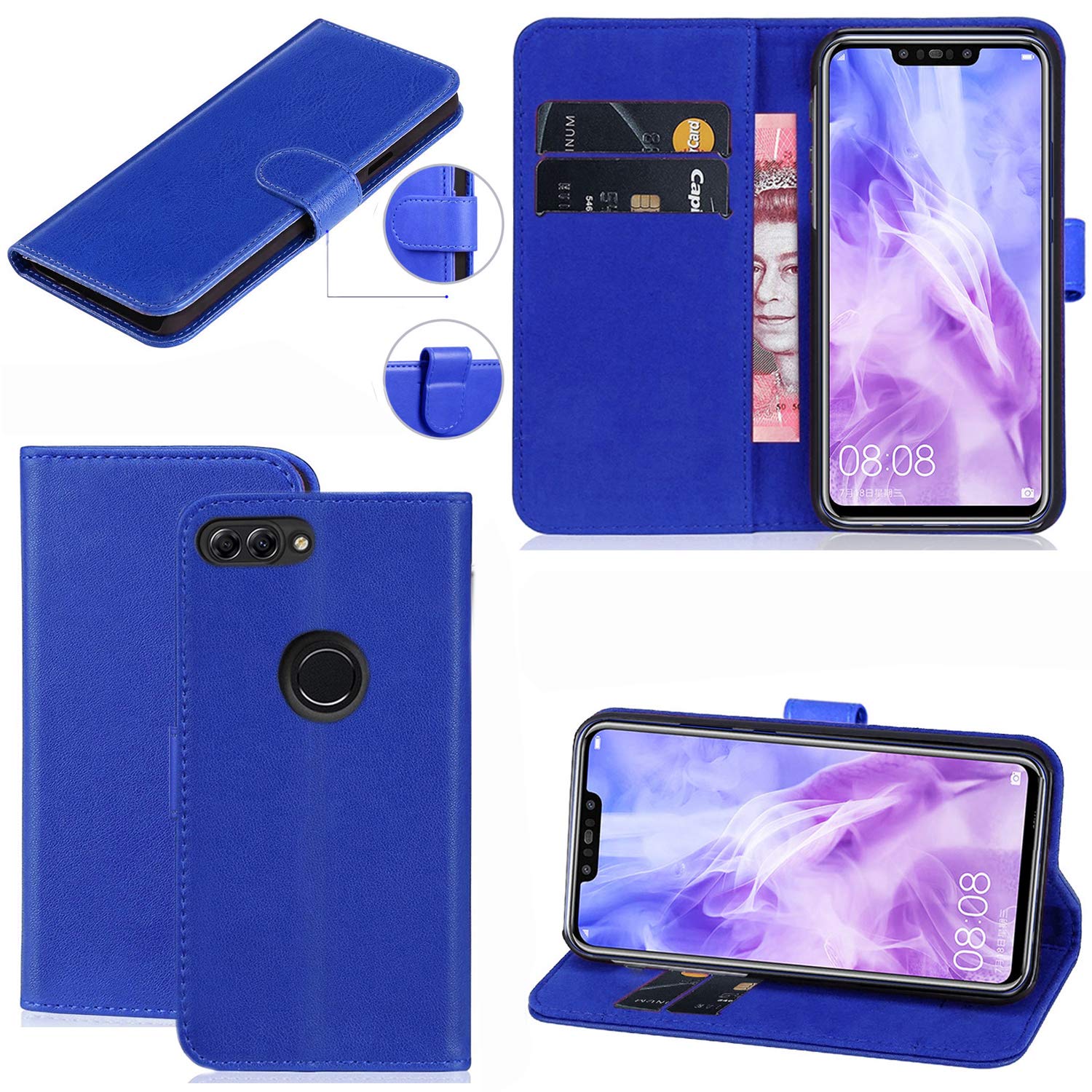 Mobile Stuff Huawei P Smart Case, [Kickstand] [ Card Slot] [Magnetic Closure] TPU Bumper, Full Body Protection Flip Folio Leather Cover Case for Huawei P Smart/Huawei Enjoy 7S (Blue)