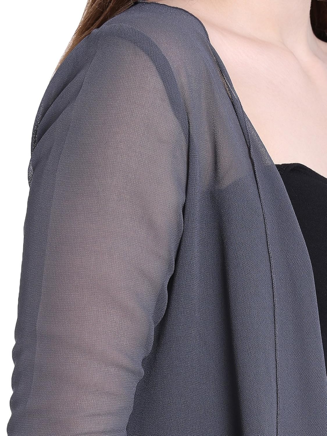 gj couture women's georgette grey solid full sleeves regular shrug