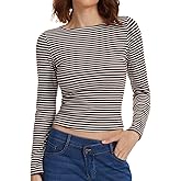Striped Long Sleeve Shirts for Women Boat Neck Rib Knit Slim Fit Ruched Crop Tops Y2k Casual Fall Winter Clothing