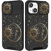 Goocrux (2in1 for iPhone 15 Case Sun and Moon Women Cute Phone Cover Girly Stars Pretty Cool Space Unique Aesthetic Design with Slide Camera Cover Protective Stand Holder for iPhone 15 Cases 6.1''
