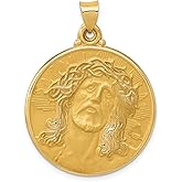 14k Yellow Gold Jesus Christ Pendant with Crown of Thorns and Radiant Halo, Detailed Catholic Medal Necklace for Men and Women, Christian Faith Jewelry Symbol, Religious Charm or Devotion Piece