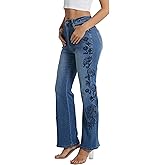 D-Sun Women Embroidered Flare Jeans Casual Mid Rise Vintage Inspired Fashion Denim Jeans Pants with Pockets