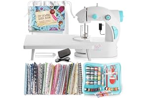 CraftBud Mini Sewing Machine for Beginners, Dual Speed Small Portable Sewing Machine for Kids and Adults with Extension Table, 122 Piece Gift Set Includes, Fabrics, Project Book, Light and More, White