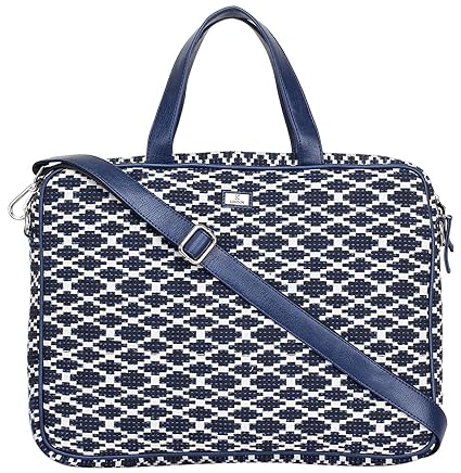K London Eco-Friendly Blue,White & Black Jacquard Fabric & Vegan Leather Handmade Laptop Bag Cross Over Shoulder Messenger Bag Office Bag (2101_trpz_Blue)