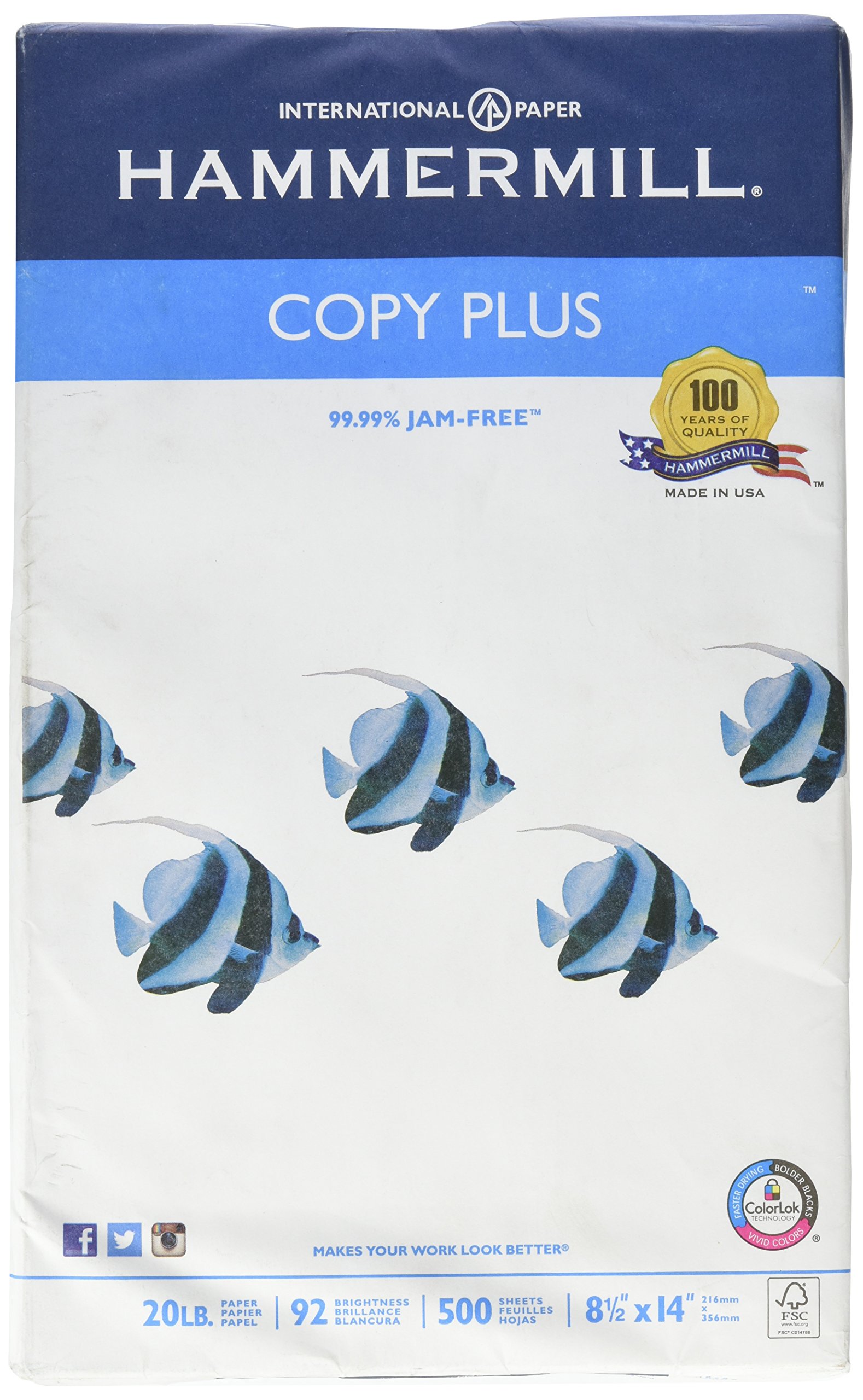 Photo 1 of Hammermill Paper, Copy Plus Paper, 8.5 x 14 Paper, Legal Size, 20lb Paper, 92 Bright, 1 Ream / 500 Sheets (105015R) Acid Free Paper