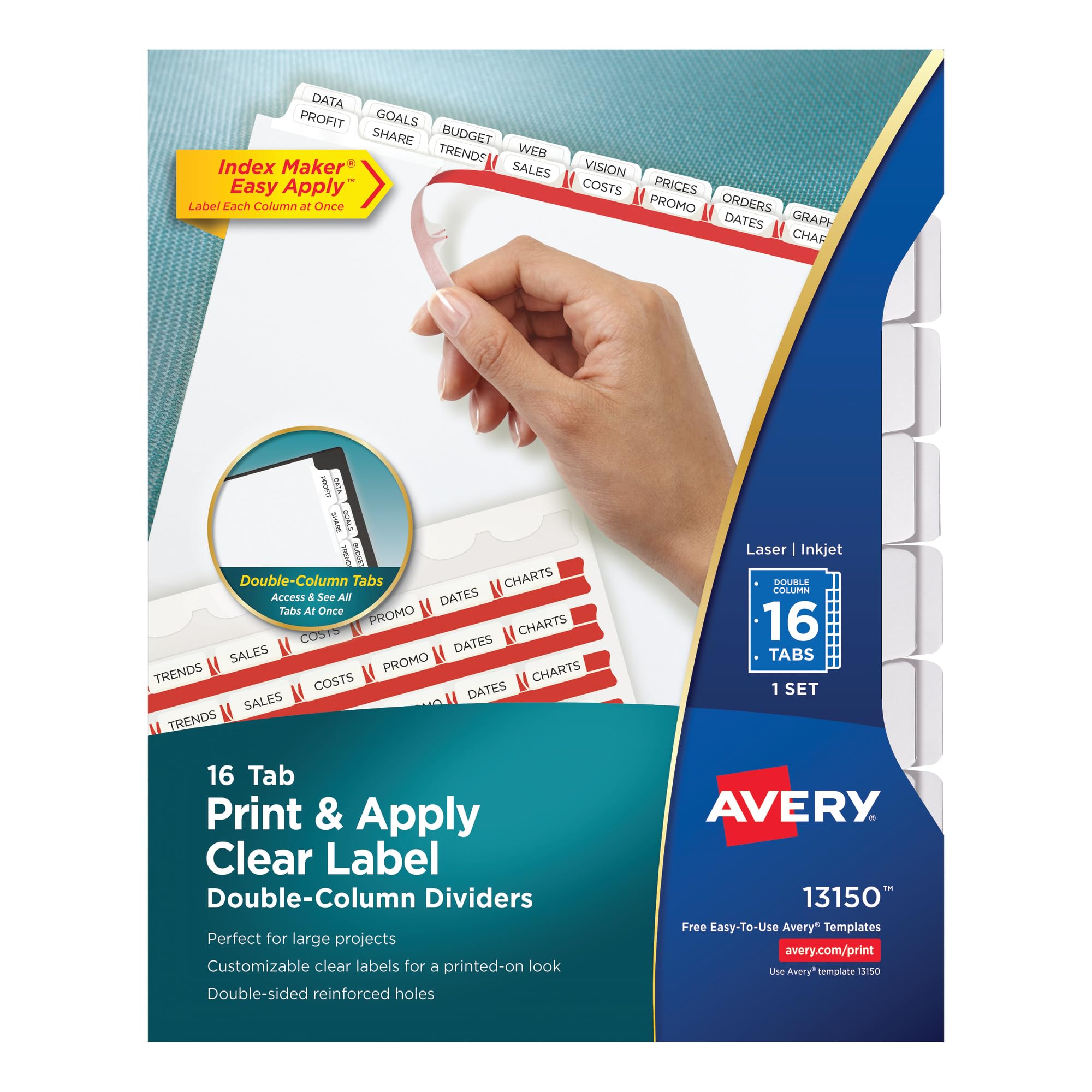 Avery Index Maker Double-Column Clear Label Dividers, 16 Tabs per Set, 1 Set per Pack (13150)