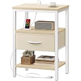 SUPERJARE Nightstand with Charging Station, Bed Side Table with Adjustable Fabric Drawer, Night Stand for Bedroom, 3-Tier Storage End Table, for Living Room, White Maple