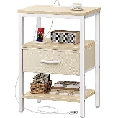 SUPERJARE Nightstand with Charging Station, Bed Side Table with Adjustable Fabric Drawer, Night Stand for Bedroom, 3-Tier Storage End Table, for Living Room, White Maple