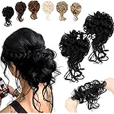 FeidyLong 2PCS Messy Bun Hair Piece Tousled Updo with Tendrils Wavy Curly Hair Bun Scrunchies Ponytail Extension Elastic Band Hairpieces For Women (Dark Black)