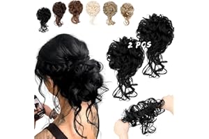 FeidyLong 2PCS Messy Bun Hair Piece Tousled Updo with Tendrils Wavy Curly Hair Bun Scrunchies Ponytail Extension Elastic Band Hairpieces For Women (Dark Black)