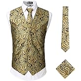 ZEROYAA Mens Classic 3pc Jacquard Paisley Vest Set Necktie Pocket Square Waistcoat for Suit or Tuxedo
